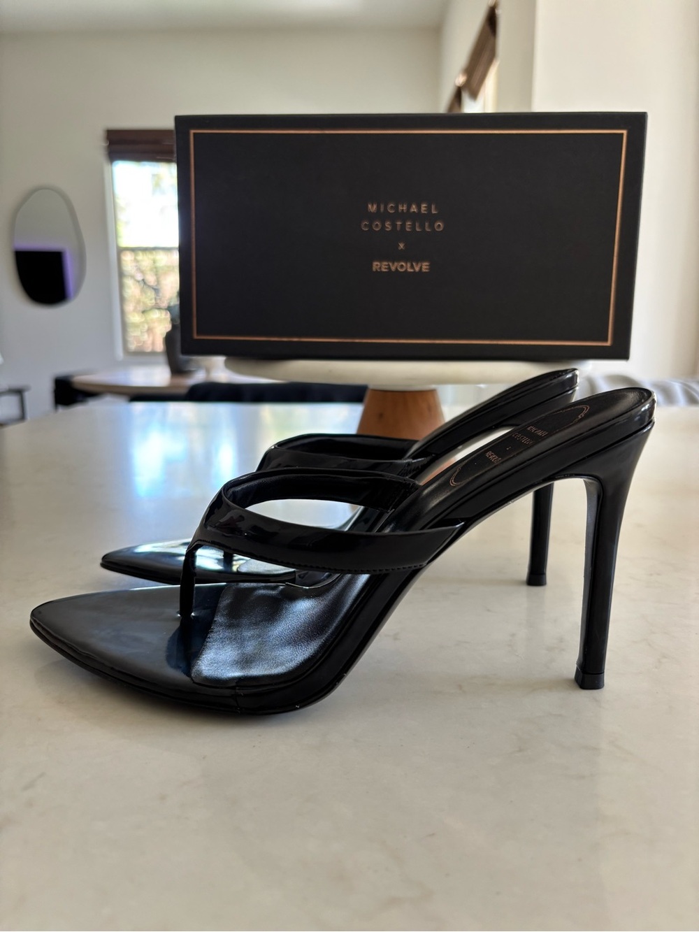 Michael Costello Black Patent Pointed-Toe Thong Mules - Picture 2 of 7